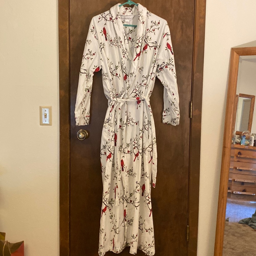 The Vermont Country Store Flannel Robe Size Small Bird Print Cotton Pockets